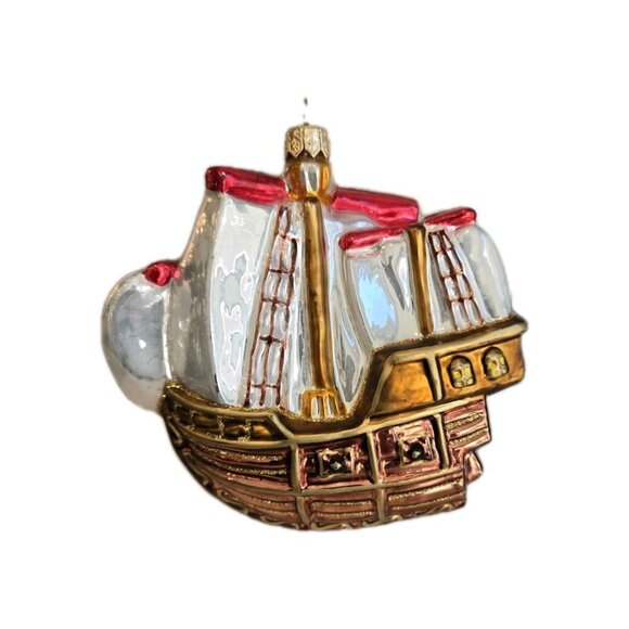 Vintage 1990s Blown Glass Pirate Ships Boat Hanging Christmas Ornament - Picture 2 of 2